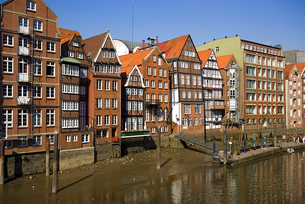 Picturesque brick-lined houses at Deichstrasse, Hamburg, Germany