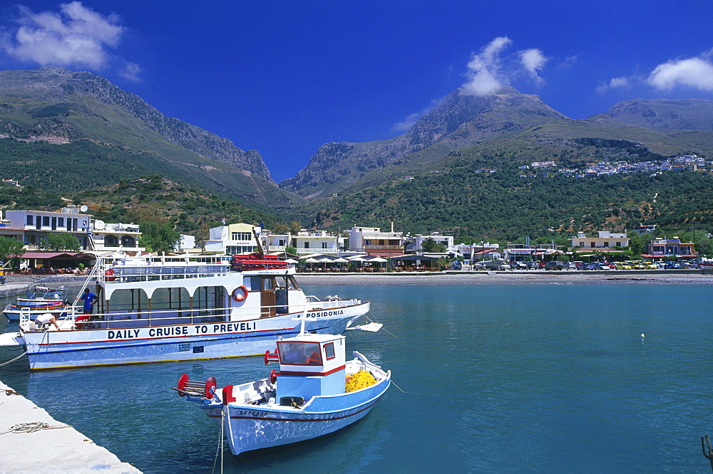 Ferry and fishing boat, Harbour, Plakais, Crete, Greece