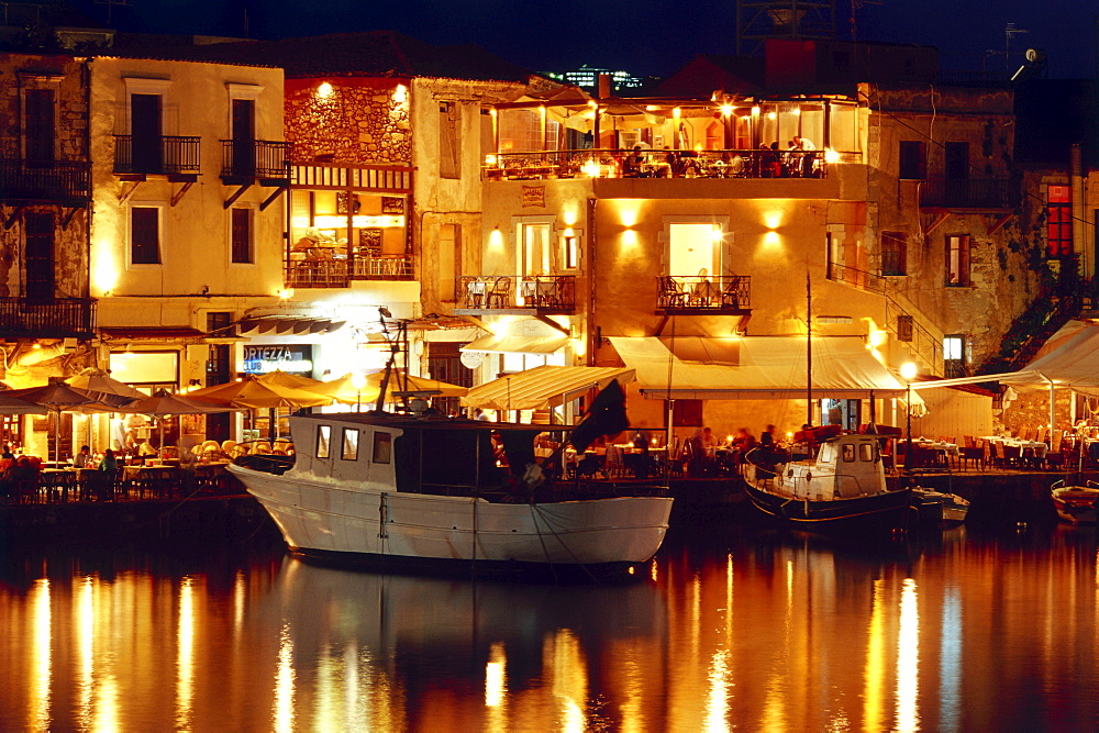 Taverns at night, Venetian Harbour, RÃˆthimnon, Crete, Greece