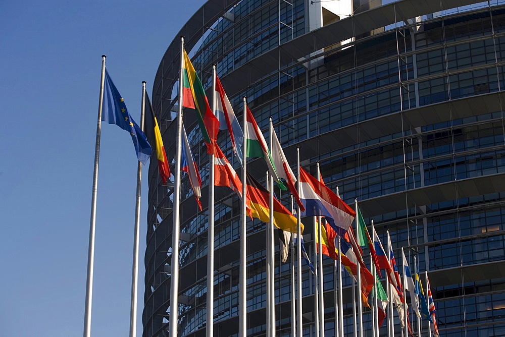 Flags in front of the European Parliament, Flags in front of the European Parliament, Strasbourg, Alsace, France