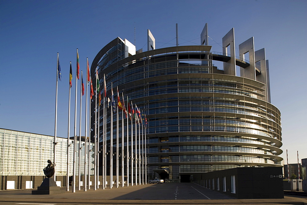 Flags in front of the European Parliament, Flags in front of the European Parliament, Strasbourg, Alsace, France