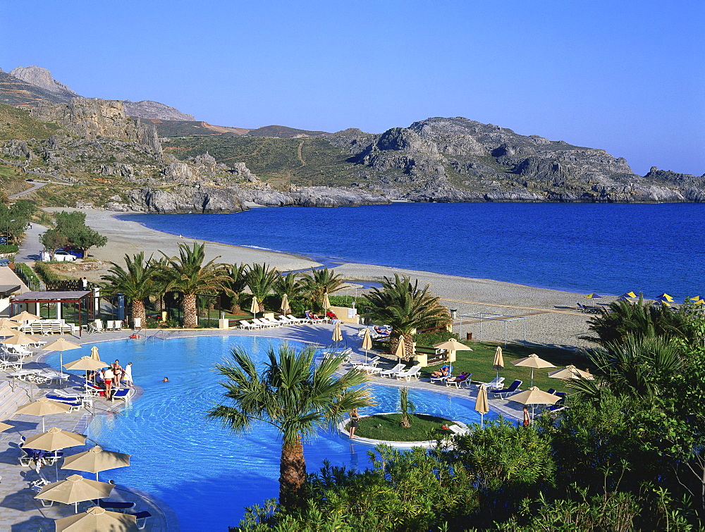 Pool and beach, Damnioni near Plakias, Crete, Greece