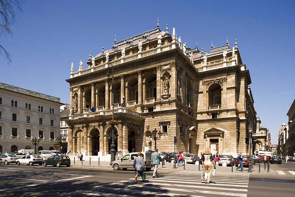 Hungarian State Opera House, View to the Hungarian State Opera at Andrassy Street, Pest, Budapest, Hungary