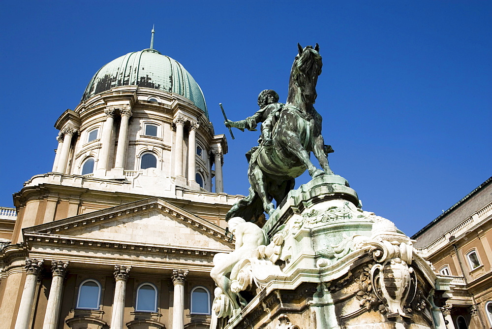 Eugene of Savoy Statue at Royal Palace, Low angle view of the Eugene of Savoy Statue in front of the Royal Palace on Castle Hill, Buda, Budapest, Hungary