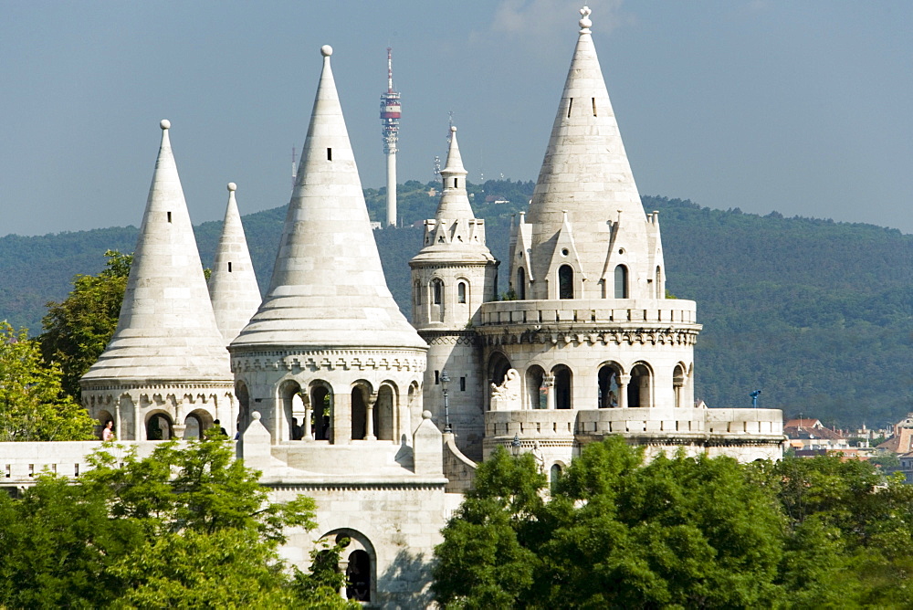 Fishermen's Bastion at Castle Hill, View to the Fishermen's Bastion, symbolising the seven Magyar tribes, at Castle Hill, Buda, Budapest, Hungary