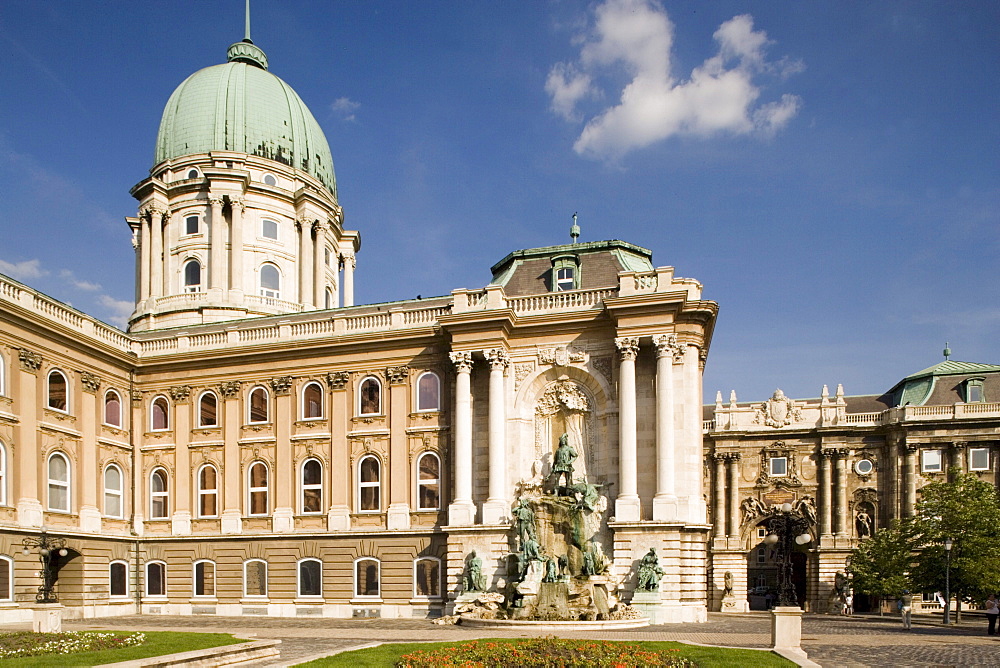 Matthias Fountain and Royal Palace, Hungarian National Gallery with Matthias Fountain at Royal Palace on Castle Hill, Buda, Budapest, Hungary