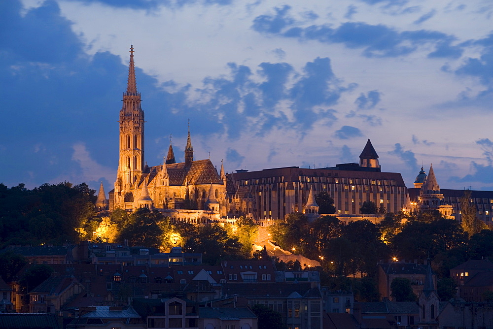 Matthias Church and Fishermen's Bastion, Illuminated Matthias Church and Fishermen's Bastion on Castle Hill in the evening, Buda, Budapest, Hungary