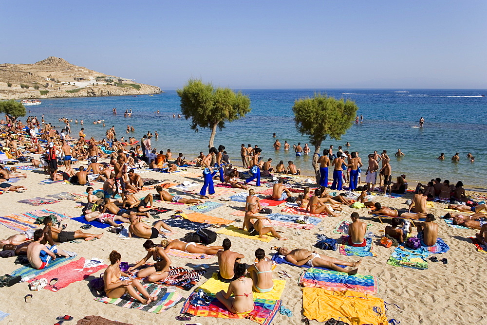 View over peopled Paradise Beach, Mykonos, Greece