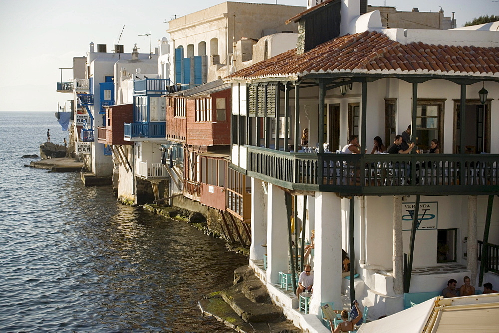 Restaurants and bars directly at sea, Little Venice, Mykonos-Town, Mykonos, Greece