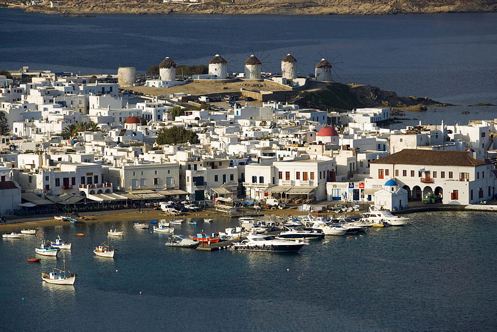 Aerial view of the harbour with windmills and ships, Mykonos-Town, Mykonos, Greece