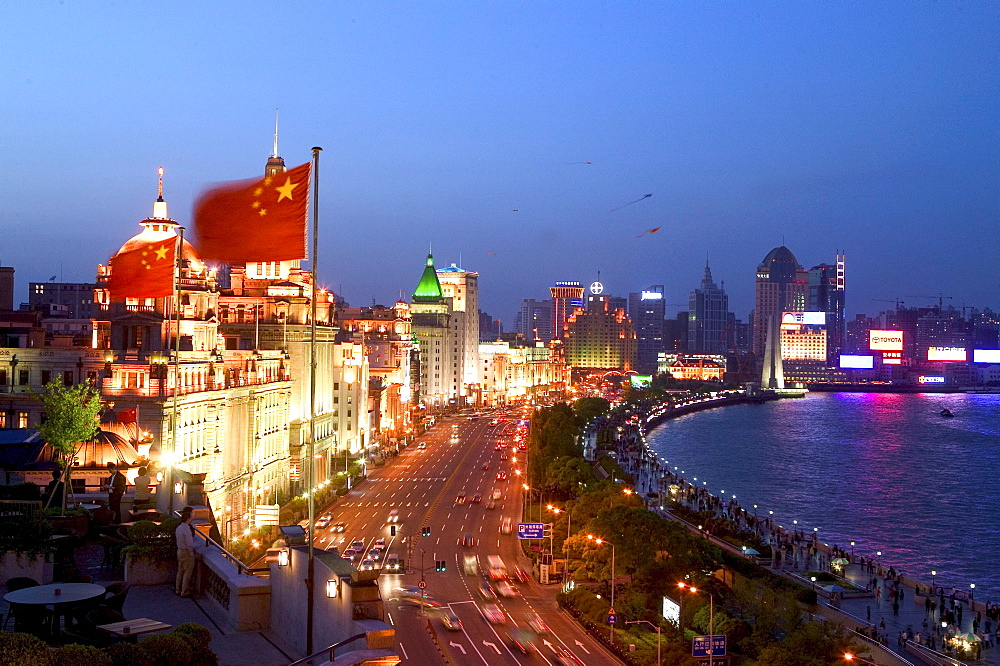 Huangpu River at night, View from roof terrace, Three on the Bund, national flag