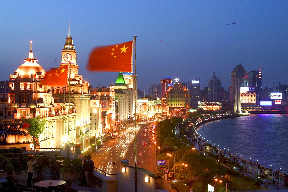 Huangpu River at night, View from roof terrace, Three on the Bund, national flag