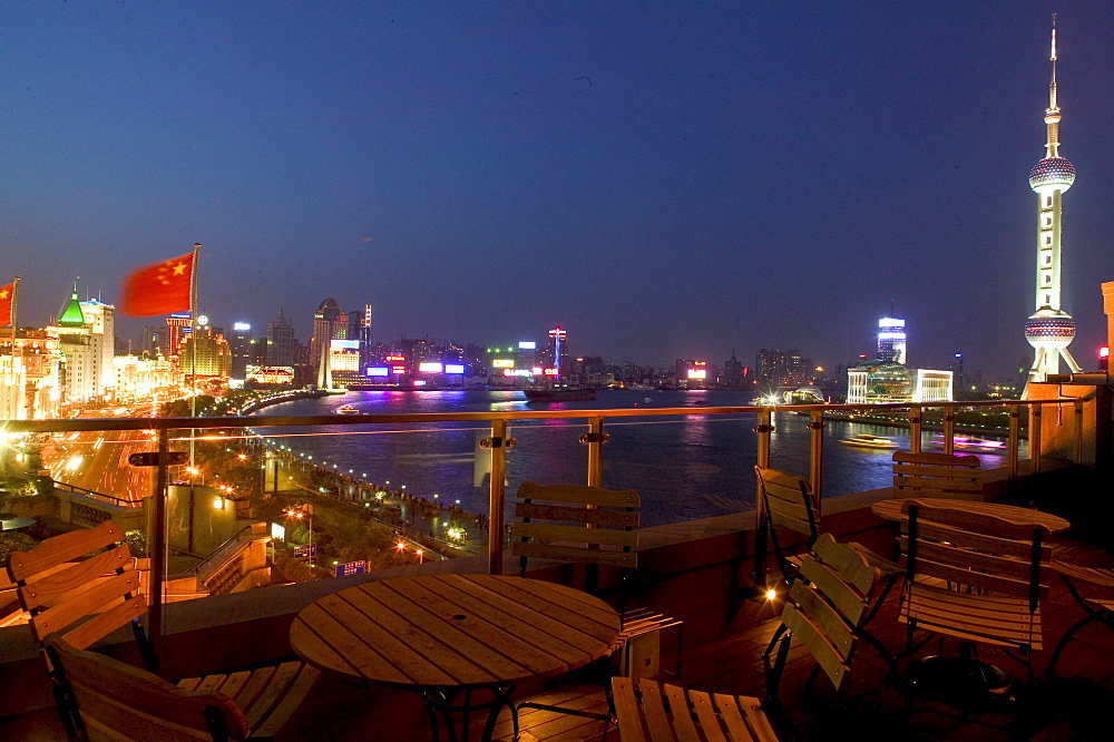 Huangpu River at night, View from roof terrace, Three on the Bund, national flag