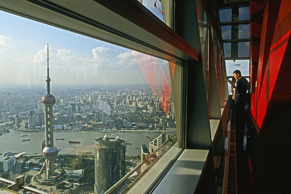 View from Jinmao Tower, Center of Pudong, Huangpu River, Pearl Orient Tower, TV Tower, city centre, Jinmao