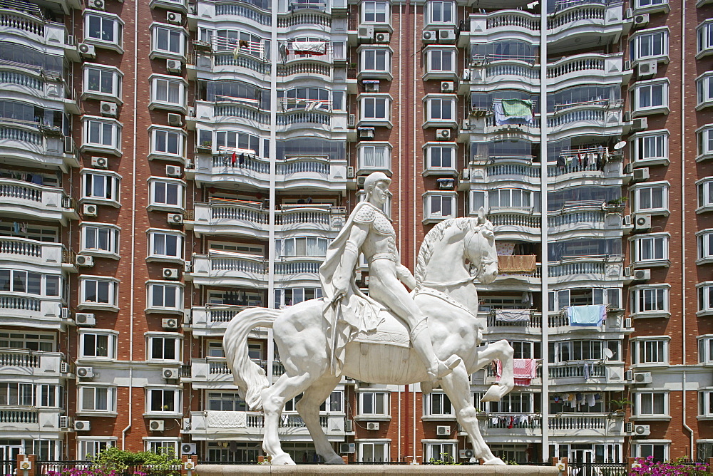 apartment towers, living in Shanghai, highrise apartments, Yangpu district, windows, facade, horse statue, knight