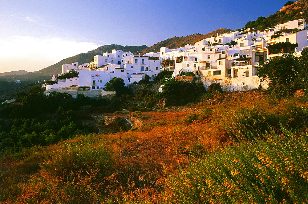 View at white village Frigiliana in the sunlight, Andalusia, Spain, Europe