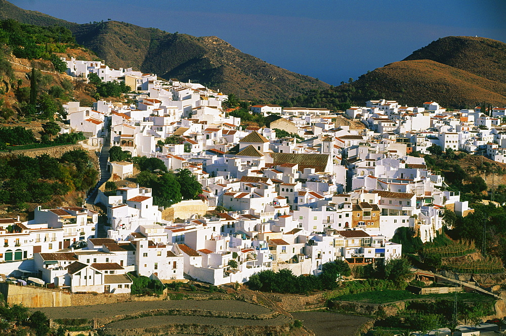 View at white village Frigiliana in the sunlight, Andalusia, Spain, Europe