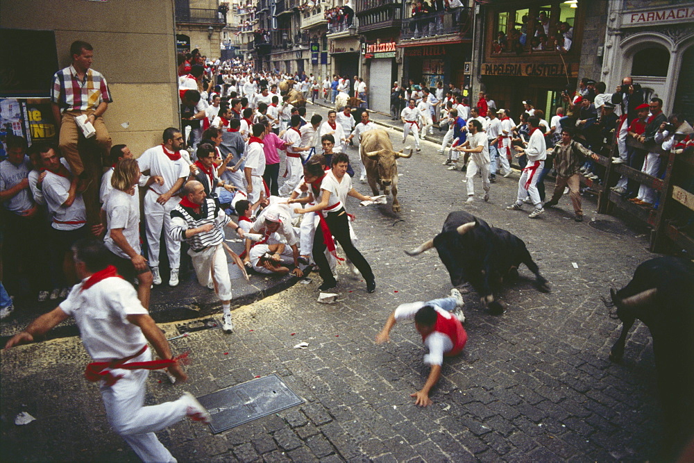 Bull running in the city, Encierro-Mercaderes, Estafeta, Fiesta de San Fermin, Pamplona, Navarra, Spain