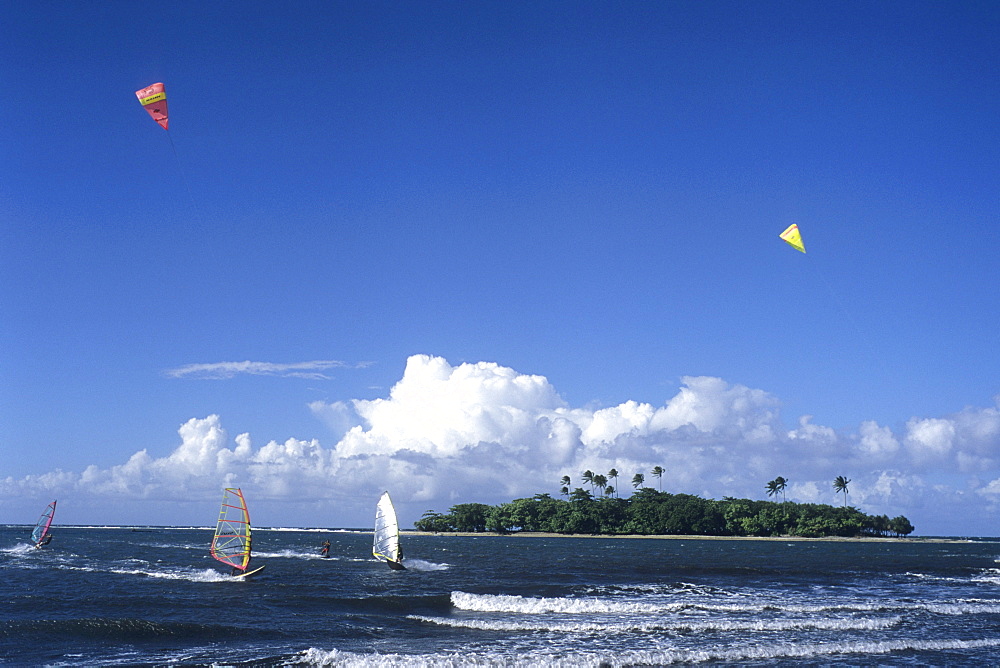 Windsurfers & Motu Martin, View from Hiti Mahina Beach, Tahiti, French Polynesia