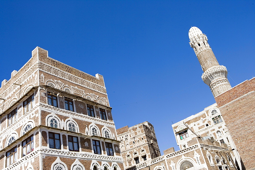 Traditional Houses & Minaret in Old Town Sana'a, Sana'a, Yemen