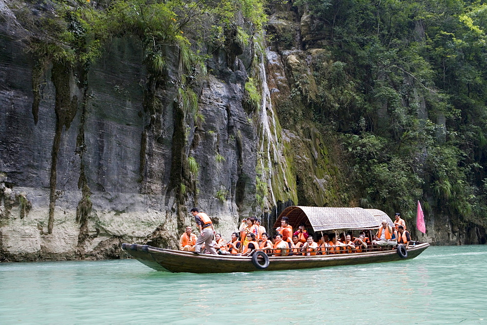 Excursion Boat & Waterfall in Emerald Green Gorge, Daning River Lesser Gorges, near Wushan, China