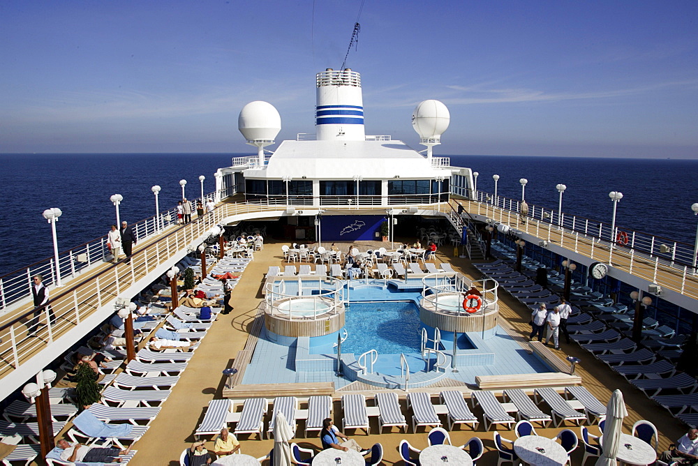 Sun deck, deck chair, pool, cruise ship MS Delphin Renaissance, Cruise Bremerhaven, South England, England