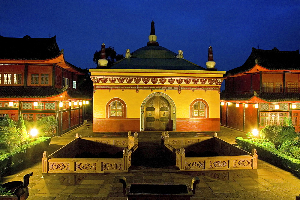 Illuminated buildings of the Wannian Monastery at night, Emei Shan, Sichuan Province, China, Asia