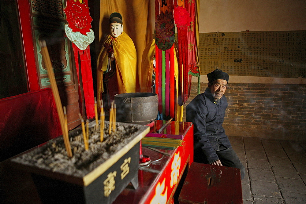 Interior view of the temple inside the hanging monastery, Heng Shan North, Shanxi province, China, Asia