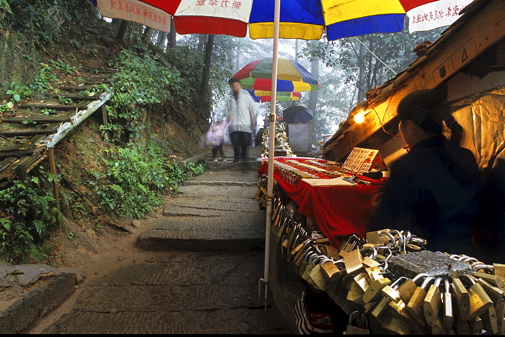 Sales stand with padlocks at the wayside of the pilgrimage route, Jiuhua Shan, Anhui province, China, Asia