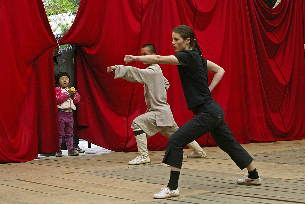 practice for foreign students in side courtyard of the Shaolin Monastery, known for Shaolin boxing, Taoist Buddhist mountain, Song Shan, Henan province, China, Asia