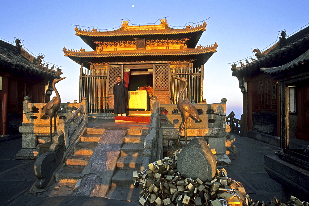 Sunrise at the Golden Hall, Jindian Gong, Golden Palace Temple, protected against lightning strikes by an iron cage, summit 1613 metres high, Mount Wudang, Wudang Shan, Hubei province, UNESCO world cultural heritage site, birthplace of Tai chi, China