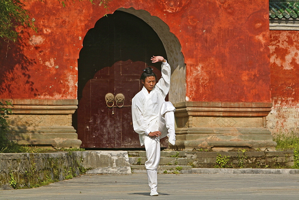 Taichi training from Wudang School of Martial Arts, in front of Purple Heaven Hall, Zi Xiao Gong, peak 1613 metres high, Wudang Shan, Taoist mountain, Hubei province, Wudangshan, Mount Wudang, UNESCO world cultural heritage site, birthplace of Tai chi, China, Asia