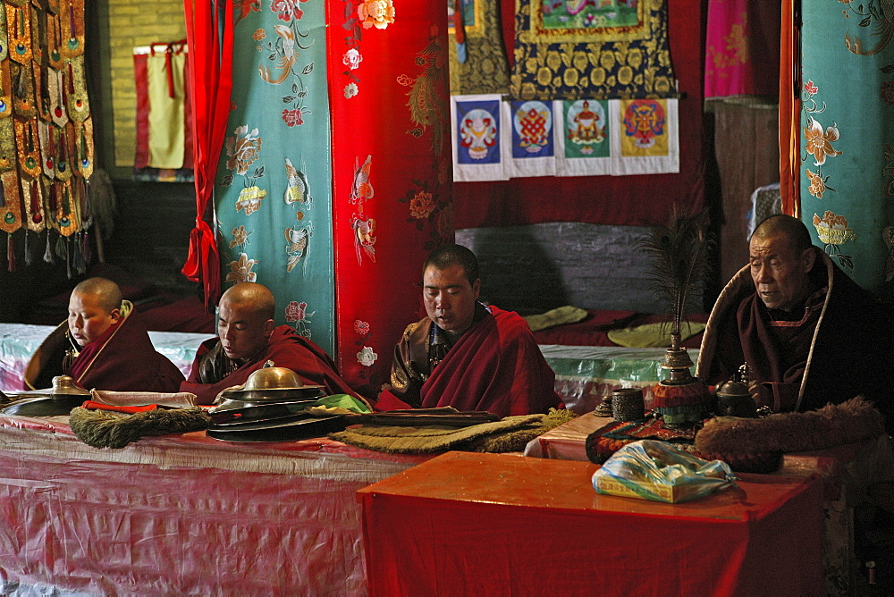 prayer ceremony Pusa Ding monastery, yellow cap monks celebrate, winter, Xiantong Monastery, Wutai Shan, Five Terrace Mountain, Buddhist Centre, town of Taihuai, Shanxi province, China, Asia