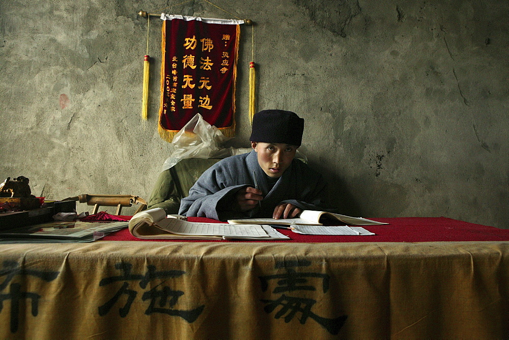 Temple guard in the summit temple, Northern Terrace, Mount Wutai Shan, Five Terrace Mountain, Buddhist Centre, town of Taihuai, Shanxi province, China