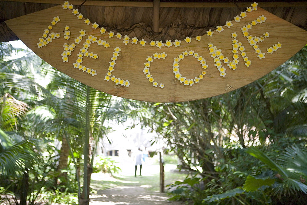 Frangipani Flower Welcome Sign, Cap Lazare Restaurant, Lazare Bay, Mahe Island, Seychelles