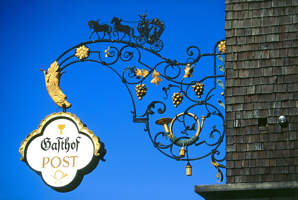 Sign showing Hotel Post, Lech, Vorarlberg, Austria, Europe