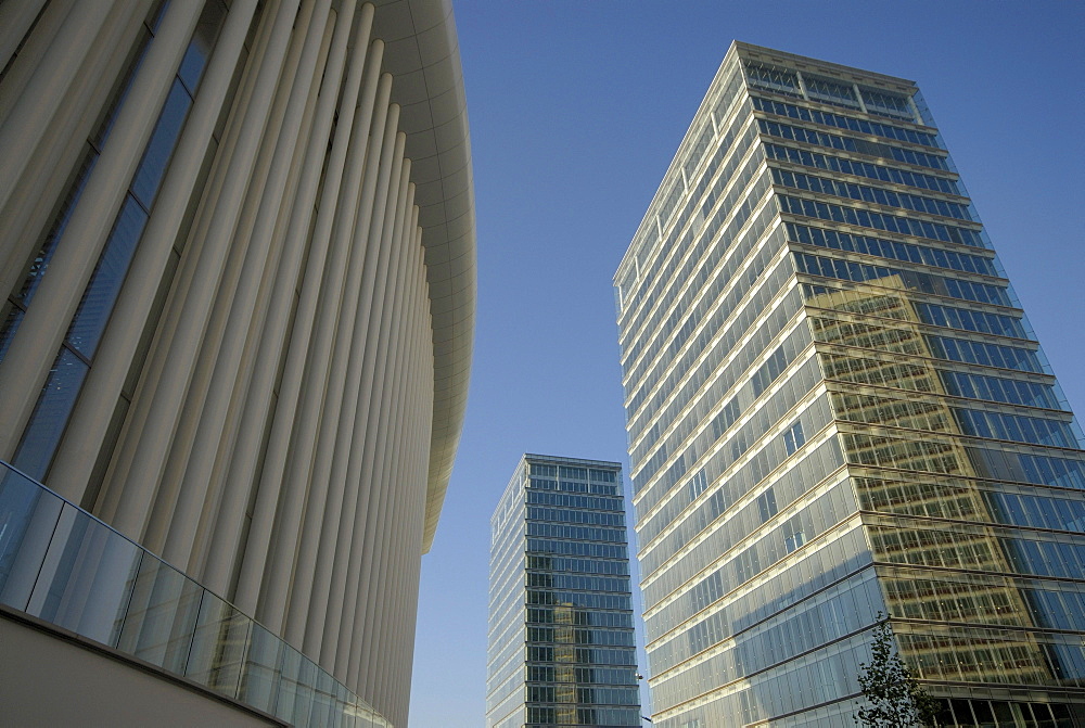 High rise buildings and Philharmonie under blue sky, Kirchberg, Luxembourg city, Luxembourg, Europe