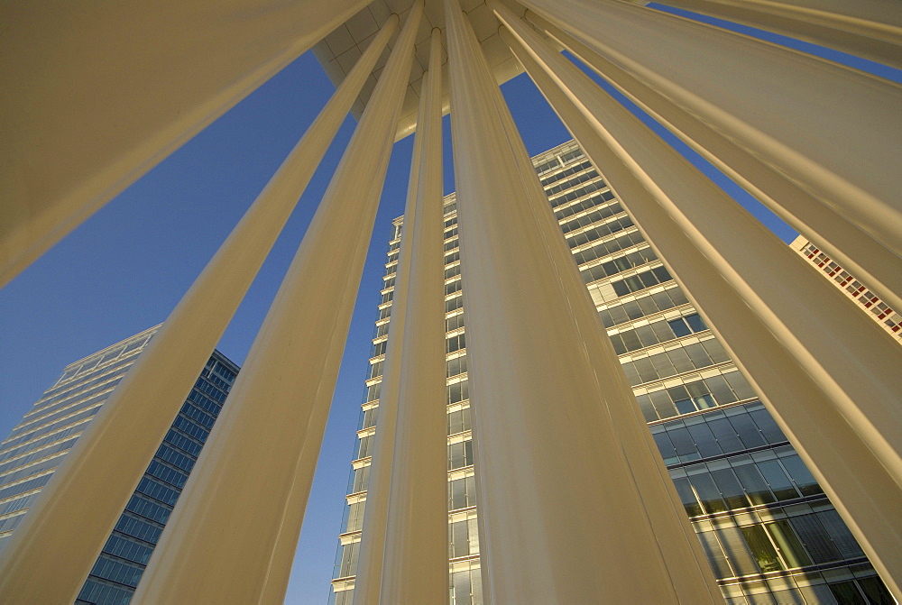 High rise buildings and detail of the Philharmonie in the sunlight, Kirchberg, Luxembourg city, Luxembourg, Europe