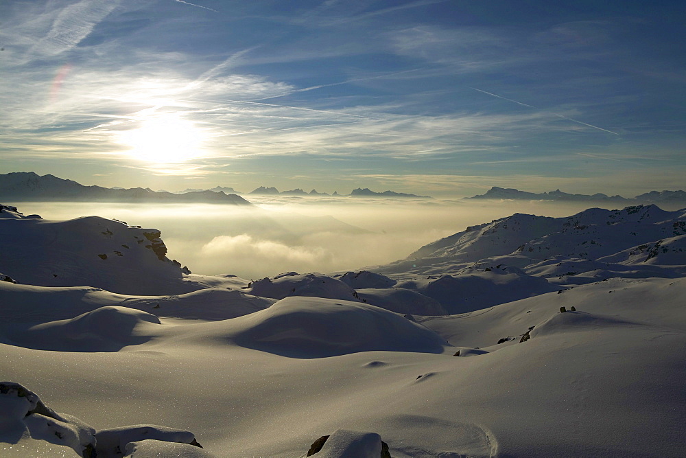 Winter, Sunset, Skier, St Luc, Chandolin, Valais, Switzerland