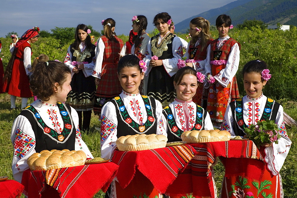 Young women in traditional costumes at Rose Festival, Karlovo, Bulgaria, Europe