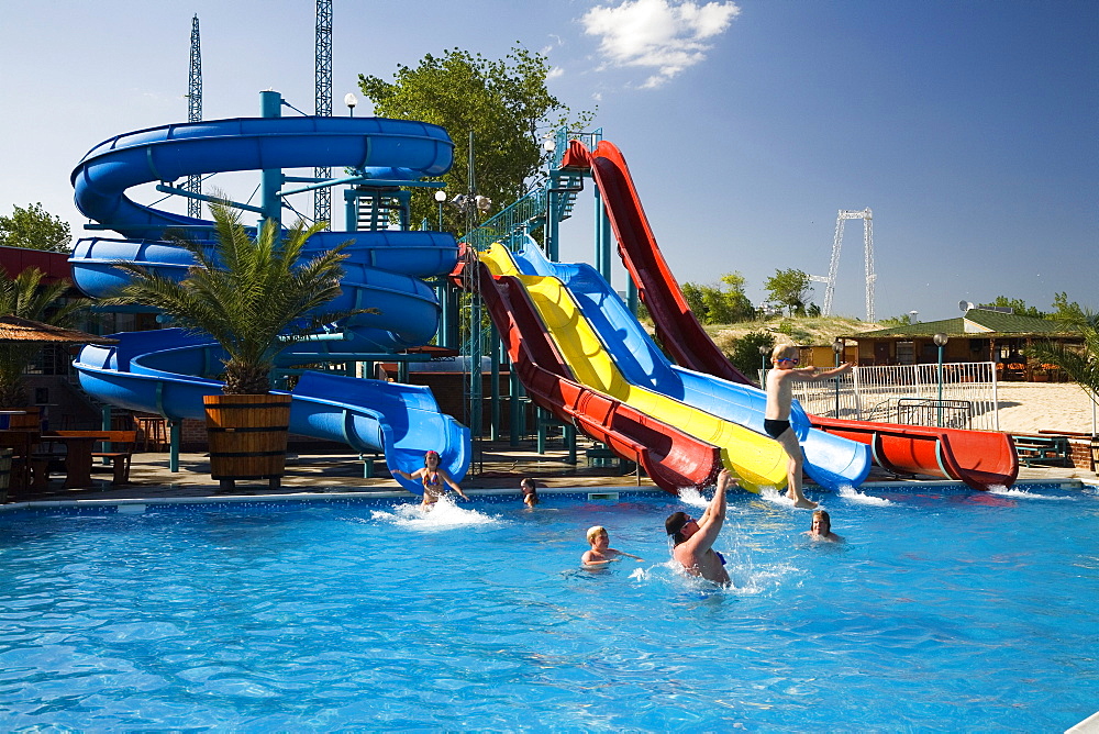 Swimming pool with slide at Sosopol beach, Black Sea, Bulgaria, Europe