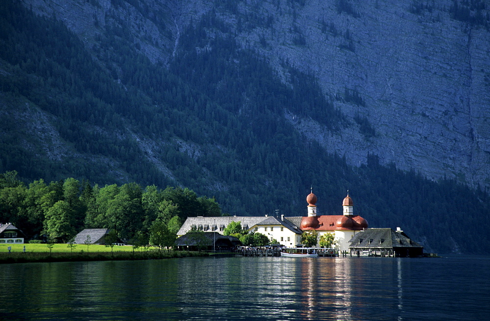 church of St. Bartholomae at lake Koenigssee, Berchtesgaden range, Upper Bavaria, Bavaria, Germany