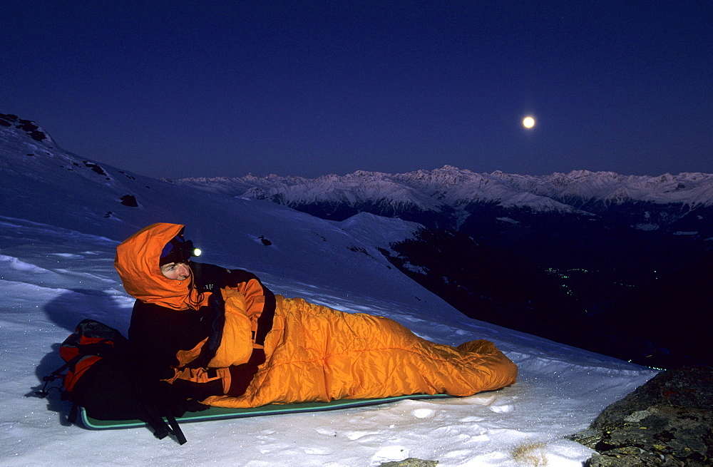 bivouac at Piz Terza at full moon, view to Oetztal range, Sesvenna range, Grisons, Switzerland