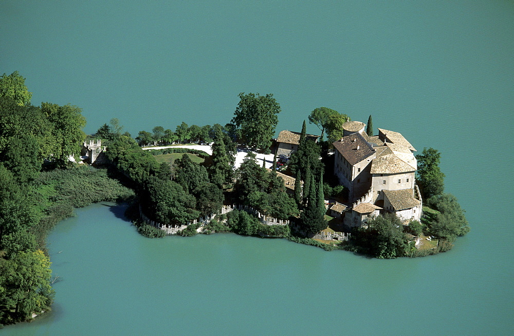 castle at lake Lago Toblino from fixed rope route Rino Pisetta, Sarche, Sarca valley, Trentino, Italy