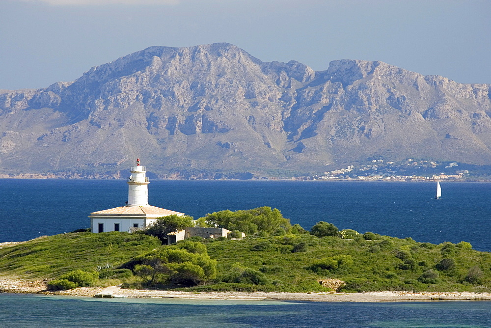 Illa d Alcanada with lighthouse, near Alcudia, Majorca, Spain