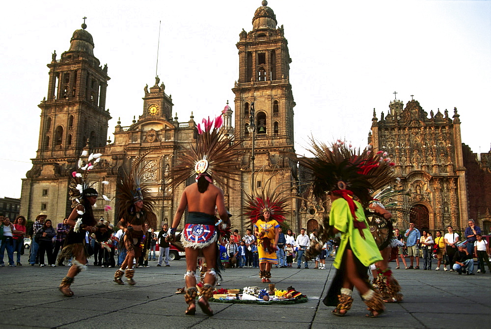 Maya Folklore and cathedral in the background, Zocalo, Mexico City, D.F., Mexico