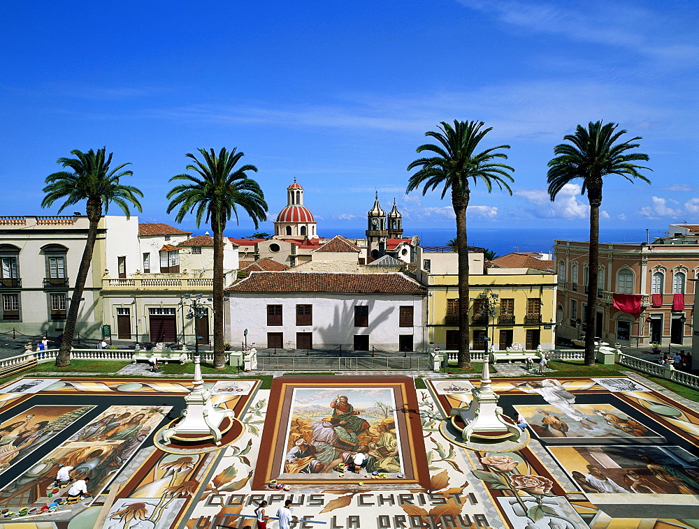 Soil tapestry, coloured volcanic soil from the Teide National Park, Religious festival of Corpus, Plaza del Ayuntamento, town square, La Orotava, Tenerife, Canary Islands, Atlantic Ocean, Spain