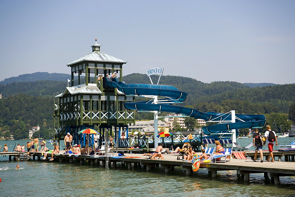 People relaxing in the Promenadenbad Poertschach, Poertschach, Woerthersee (biggest lake of Carinthia), Carinthia, Austria