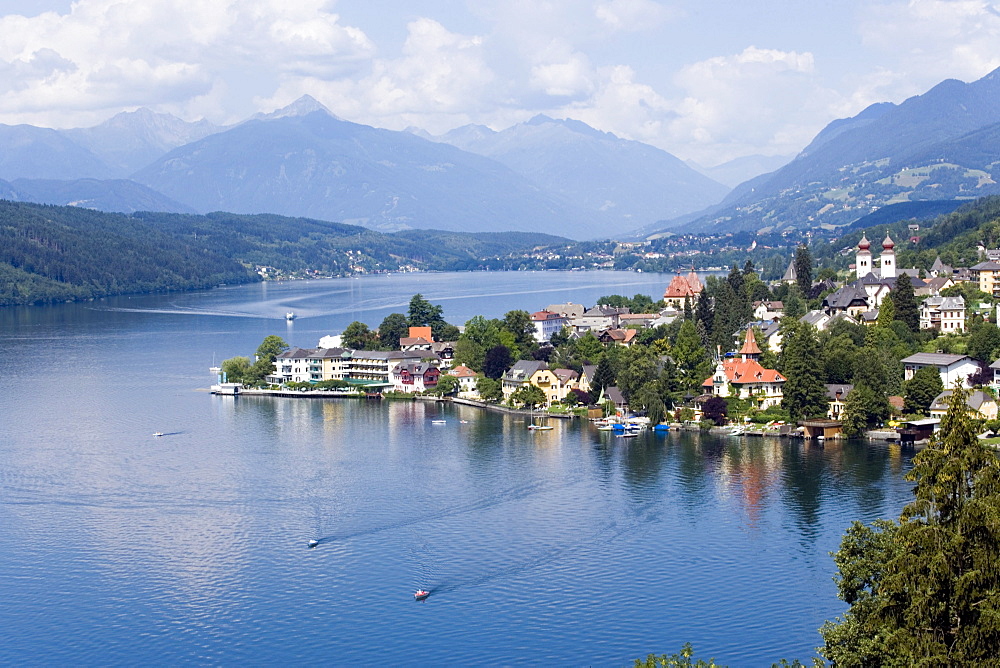 View over Millstatt and Millstaetter See (deepest lake of Carinthia), Millstatt, Carinthia, Austria