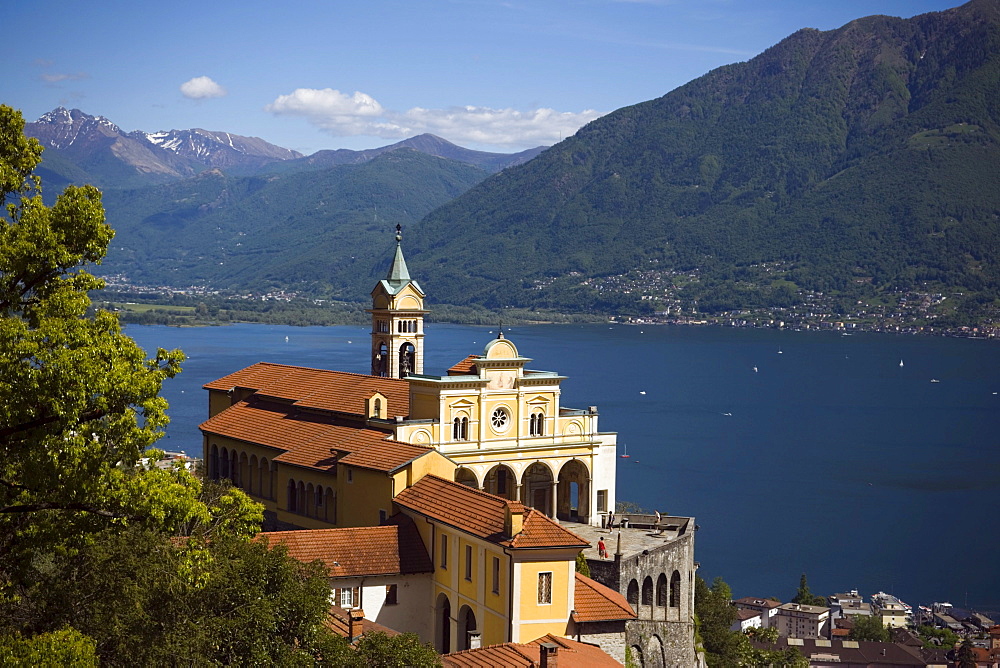 Pilgrimage church Madonna del Sasso, panoramic view over Lake maggiore, Orselina, near Locarno, Ticino, Switzerland